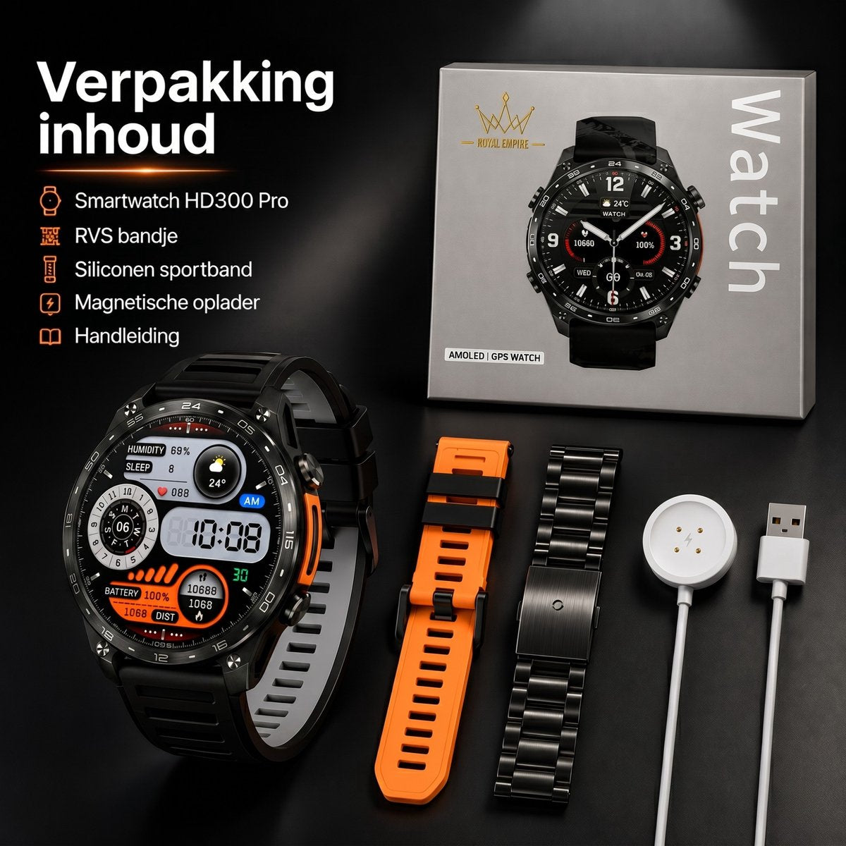 Royal Empire HD Pro GPS Smartwatch Heren - AMOLED Smartwatch met Ingebouwde GPS & Belfunctie - 100+ Sportmodi, Kompas & Zaklamp - Hartslagmeter, Slaapmonitor & SpO2 Meter - Inclusief 3 Bandjes - 1.43 Inch - Zwart
