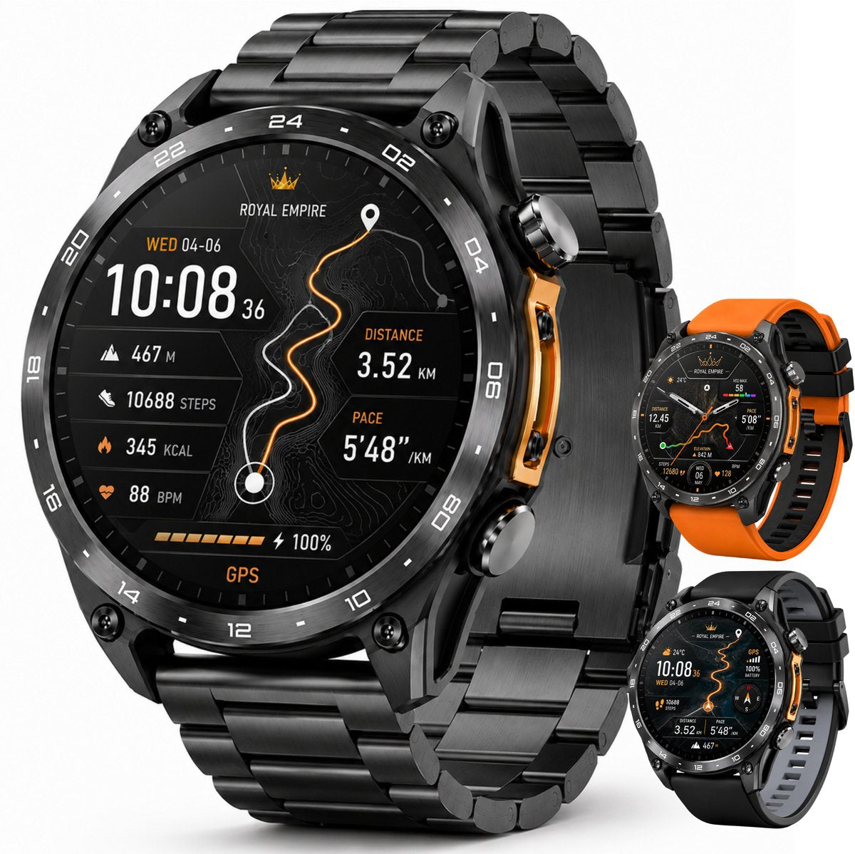 Royal Empire HD Pro GPS Smartwatch Heren - AMOLED Smartwatch met Ingebouwde GPS & Belfunctie - 100+ Sportmodi, Kompas & Zaklamp - Hartslagmeter, Slaapmonitor & SpO2 Meter - Inclusief 3 Bandjes - 1.43 Inch - Zwart