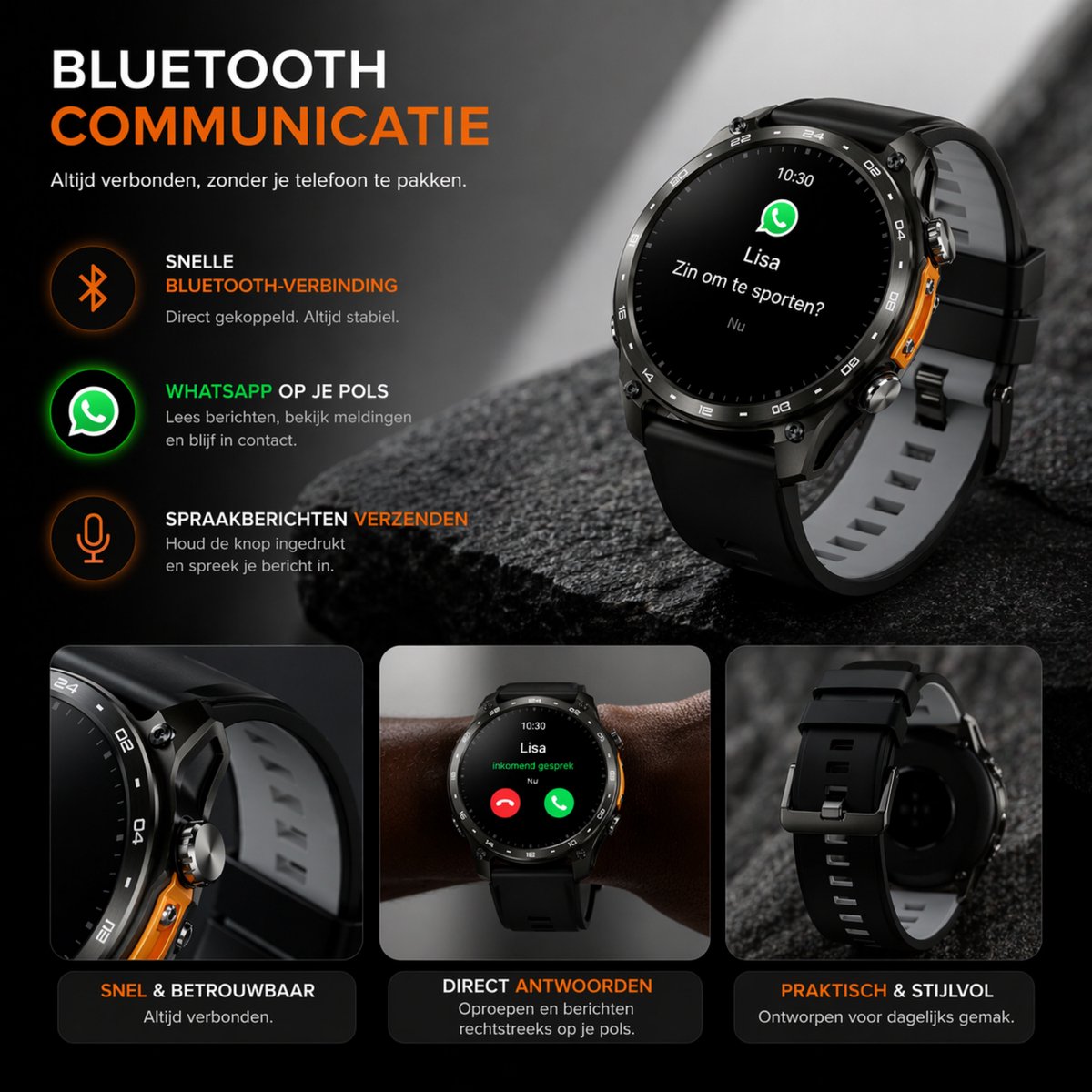 Royal Empire HD Pro GPS Smartwatch Heren - AMOLED Smartwatch met Ingebouwde GPS & Belfunctie - 100+ Sportmodi, Kompas & Zaklamp - Hartslagmeter, Slaapmonitor & SpO2 Meter - Inclusief 3 Bandjes - 1.43 Inch - Zwart