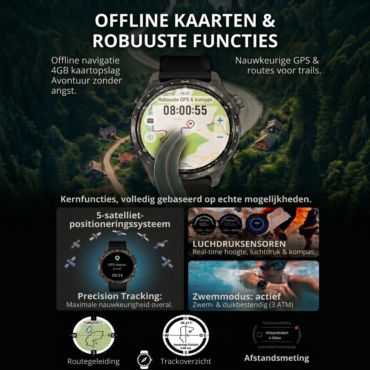 Royal Empire HD Pro GPS Smartwatch Heren - AMOLED Smartwatch met Ingebouwde GPS & Belfunctie - 100+ Sportmodi, Kompas & Zaklamp - Hartslagmeter, Slaapmonitor & SpO2 Meter - Inclusief 3 Bandjes - 1.43 Inch - Zwart