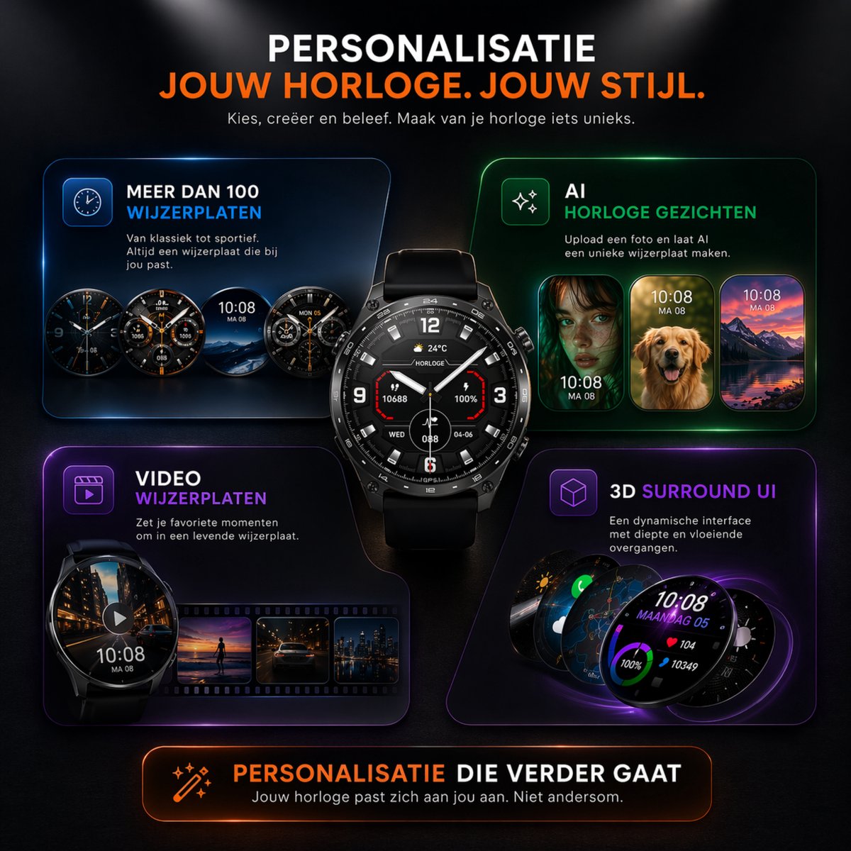 Royal Empire HD Pro GPS Smartwatch Heren - AMOLED Smartwatch met Ingebouwde GPS & Belfunctie - 100+ Sportmodi, Kompas & Zaklamp - Hartslagmeter, Slaapmonitor & SpO2 Meter - Inclusief 3 Bandjes - 1.43 Inch - Zwart